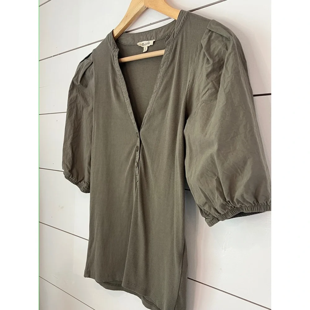 Madewell Olive Green Ribbed Puff Sleeve Henley Top Medium Cottagecore fairycore